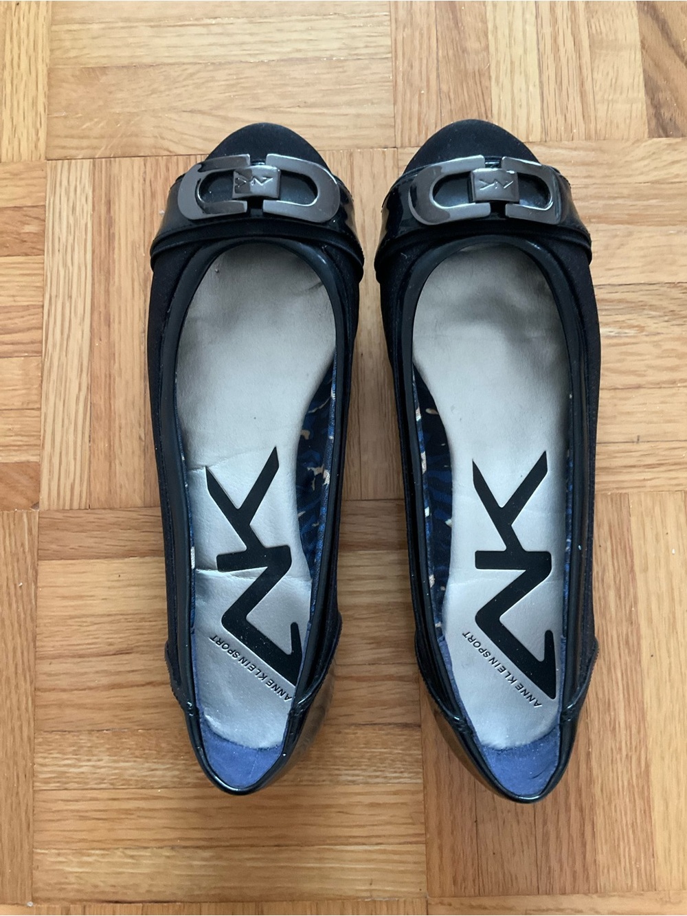 Anne Klein Black Leather Ballet Flats with Gunmetal Buckle